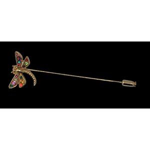 Vintage Fairycore Gold-Tone Dragonfly Stick Pin With Colorful Rhinestones